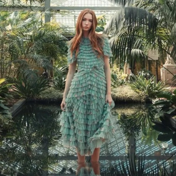 NWT Mac Duggal 8014 Green Ruffle Tiered Short Sleeve A Line Dress Size 6 - Picture 1 of 15